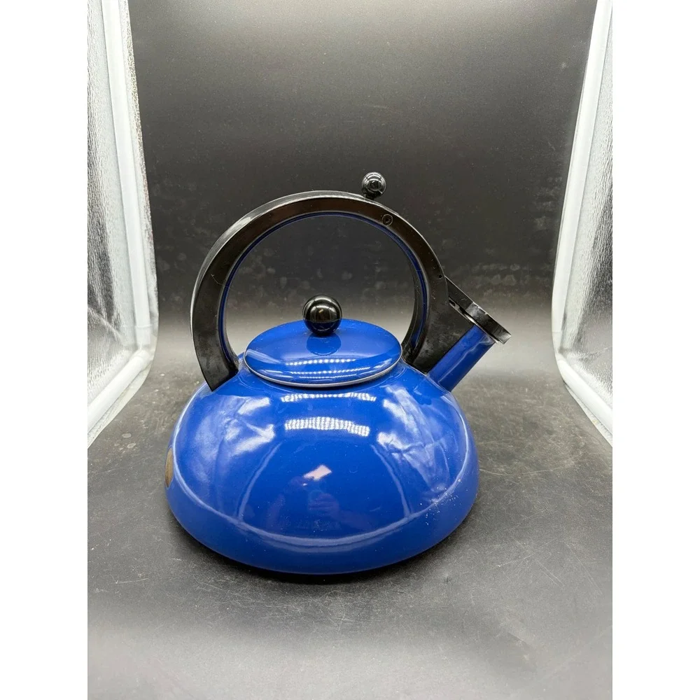 Vintage Cobalt Blue Enamel Tea Kettle Stovetop Pot Arched Black Handle MCM Style
